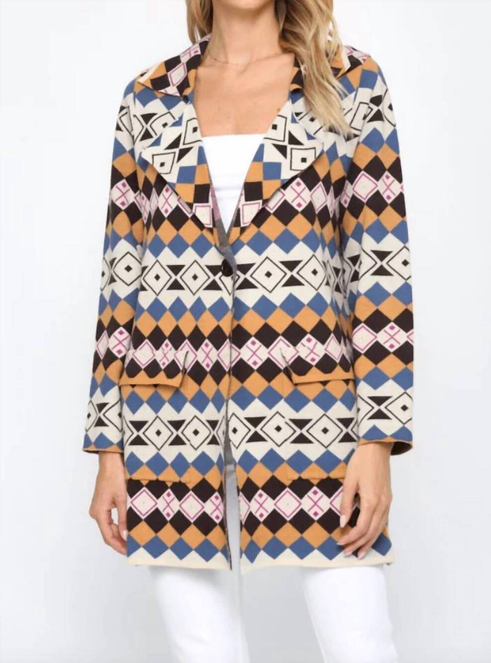 NEW FATE notch collared cardigan in geo print